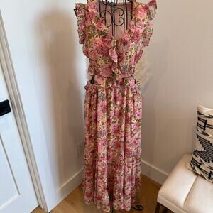 Moon River Pink Floral Ruffle Cut Out Maxi Dress Cottage, Romantic-Small EUC